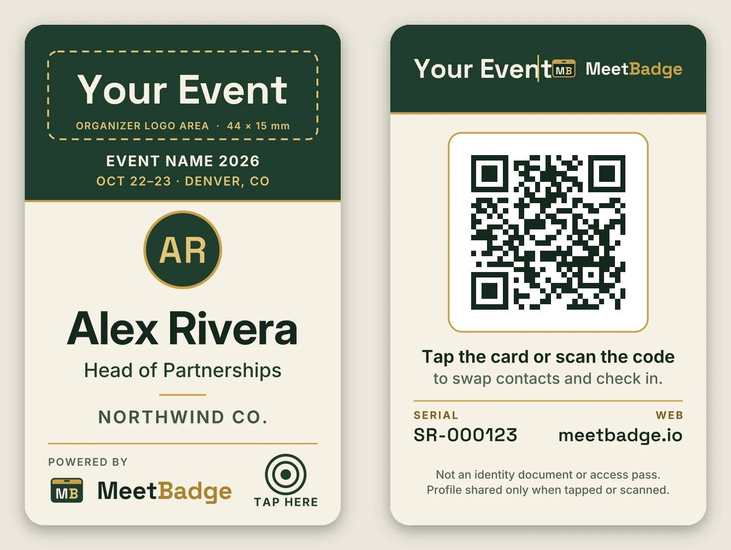 Co-branded Ivory badge sample: Your Event logo area, initials, Powered by MeetBadge