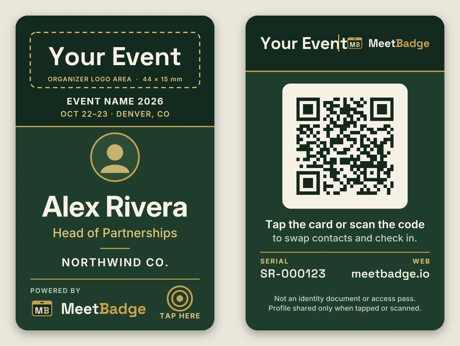 Co-branded Swamp badge sample: Your Event logo area, attendee photo slot, Powered by MeetBadge