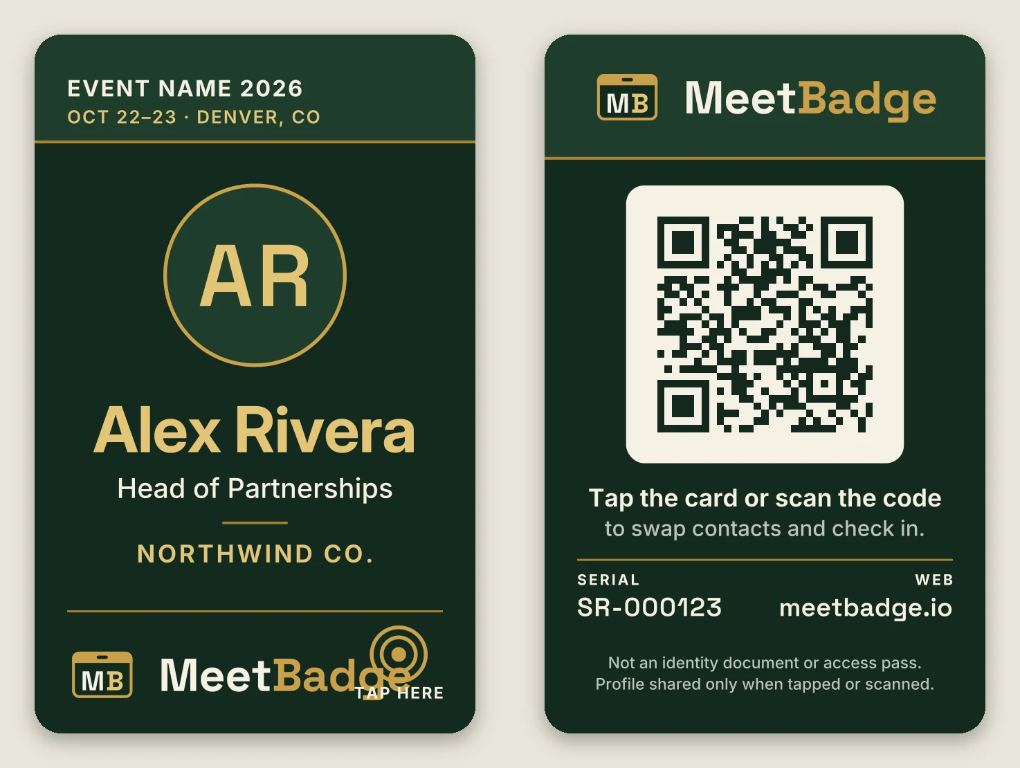 Deep MeetBadge badge, front and back (sample: Alex Rivera, Head of Partnerships, Northwind Co.)