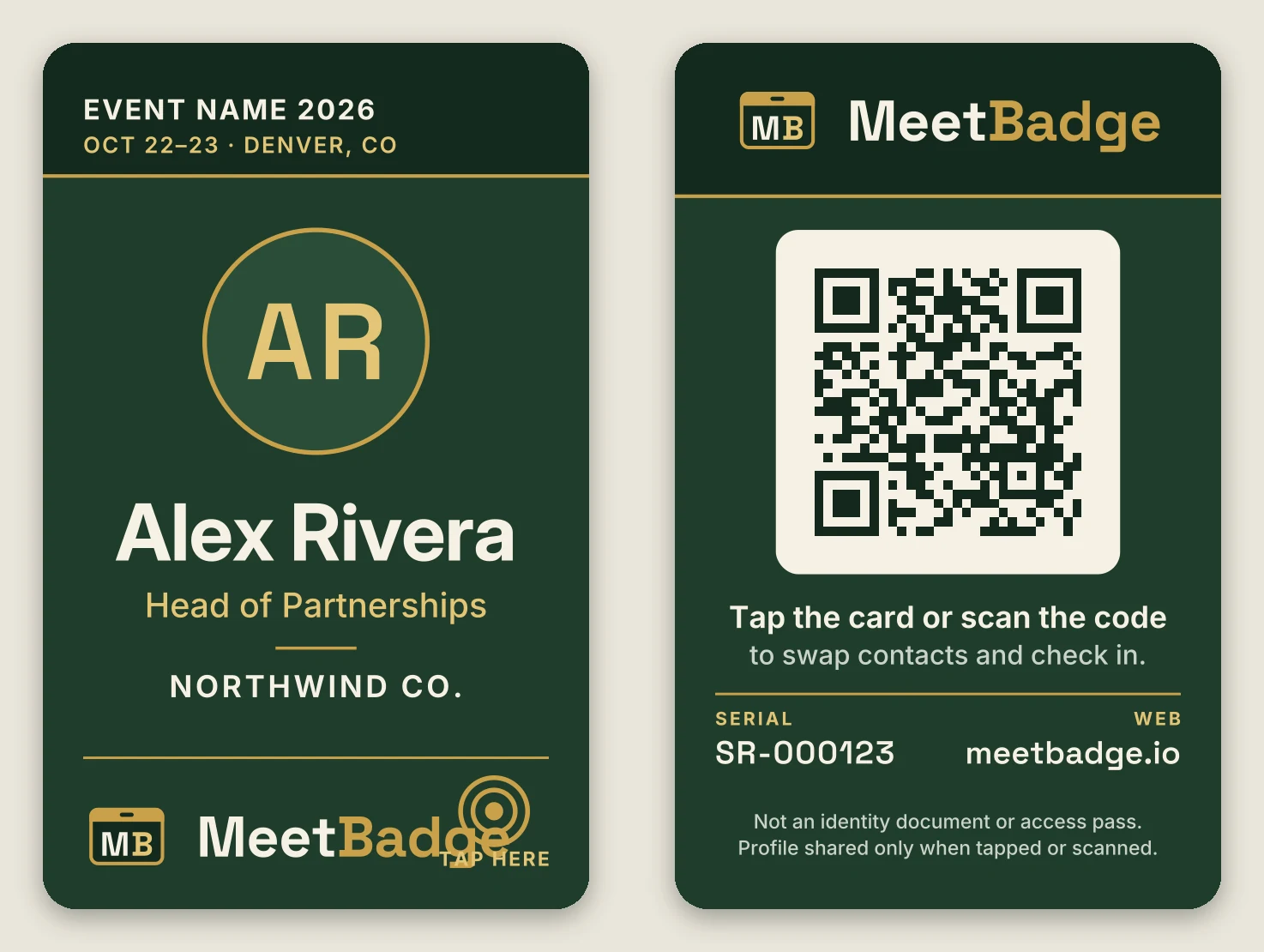 Swamp MeetBadge badge, front and back (sample: Alex Rivera, Head of Partnerships, Northwind Co.)